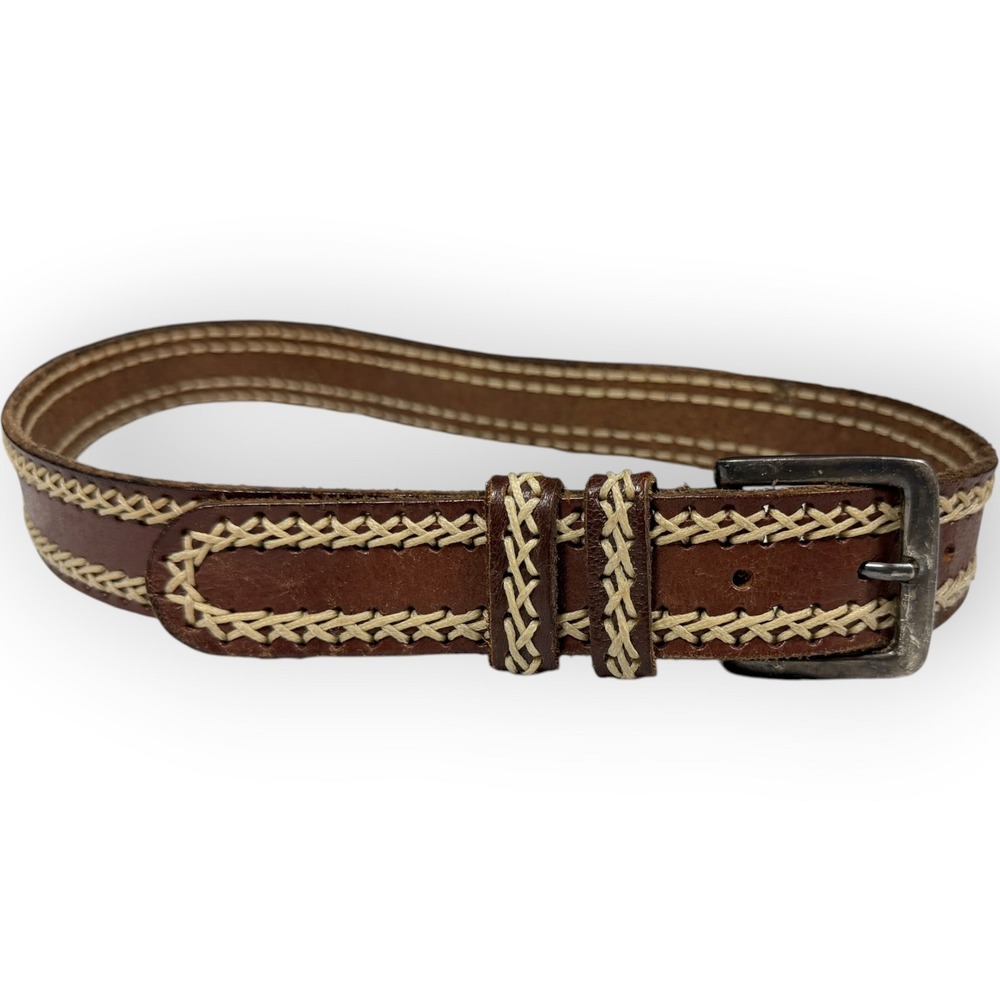 Vintage Brown Leather Whipstitch Belt Brass Buckle Boho Western 36 Inch